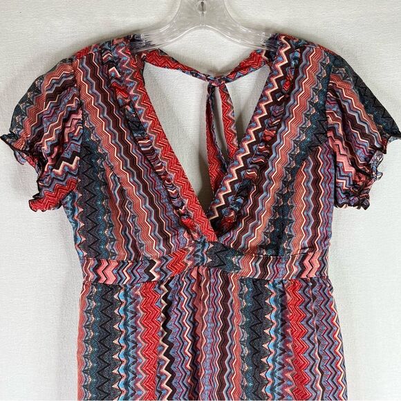 Earthbound Knee Length Dress Women’s Pink Blue Chevron V Neck Open Back Boho M - Picture 3 of 13